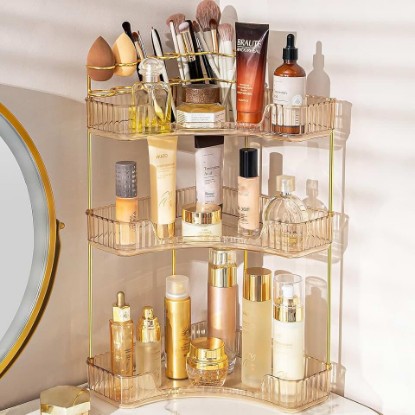 Picture of Makeup Organizer 3-Tier Bathroom Counter Organizer with Makeup Brush Holder | Corner Bathroom Organizer Countertop, Acrylic Counter Storage for Bathroom Dresser, Skincare Perfume Organizer- Amber Gold
