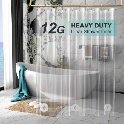 Picture of AmazerBath Heavy Duty Shower Curtain Liner 12 Gauge, 72 x 72 Inches Clear Shower Curtain Liner with 3 Clear Stones and 12 Grommet Holes, Weighted Plastic Shower Liner OEKO-TEX STANDARD 100