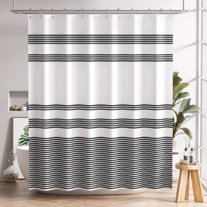 Picture of AmazerBath Shower Curtain, Washable Cloth Black Shower Curtain Sets with 12 Shower Curtain Hooks, Fabric Rustic Black and White Striped Curtain, Farmhouse Bathroom Curtains, 72x72 Inches OEKO-TEX STANDARD 100
