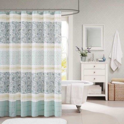 Picture of Madison Park Shabby Chic Cotton Fabric Shower Curtain, 72"x72", Aqua | Pintucked, Paisley Design Machine Washable, Modern Home Bathroom Décor Bathtub Privacy Screen OEKO-TEX STANDARD 100