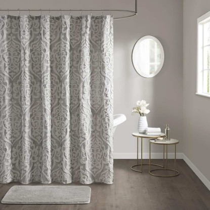 Picture of Madison Park Fabric Damask Medallion Shower Curtain, 72"x72", Silver | Luxe Textured Jacquard, Machine Washable Modern Home Bathroom Decor, Bathtub Privacy Screen