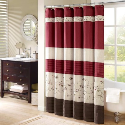 Picture of Madison Park Serene Flora Fabric Shower Curtain, mbroidered Transitional Shower Curtains for Bathroom, 72" x 72", Red | Adds Privacy, Machine Washable, Floral Pattern, OEKO-TEX Certified