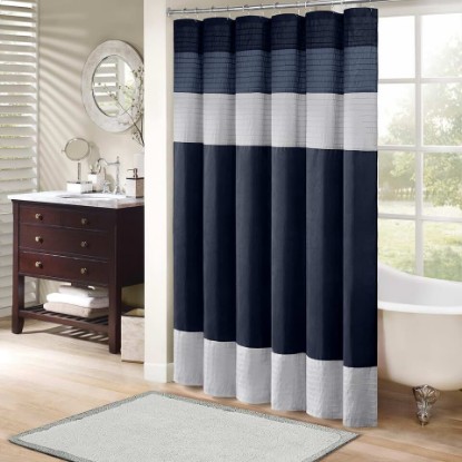 Picture of Madison Park Amherst 72 x 72 Bathroom Shower Curtain, Faux Silk, Navy | Modern Classic, Light Sheen, Pieced, Striped, Microfiber, Machine Washable, OEKO-TEX Certified, Amherst