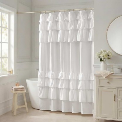 Picture of Madison Park Grace Ruffle Shower Curtain for Bathroom, 72"x 72", White | Farmhouse Cottage Top, Machine Washable, Shabby Chic Ruffled Decor Fabric, Privacy Screen, Solid Color OEKO-TEX STANDARD 100