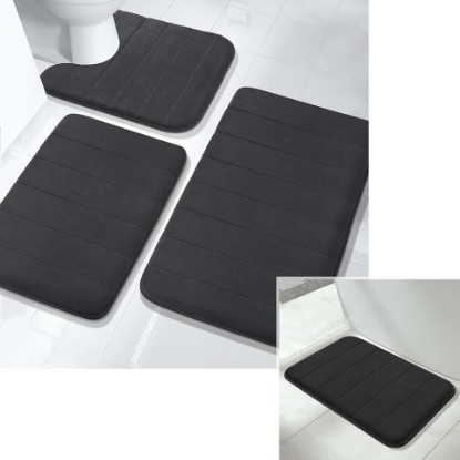 Picture of Yimobra 3 Pieces Memory Foam Bath Mat Sets, 44.1x24 + 31.5x19.8 and U-Shaped for Bathroom Rugs, Toilet Mats, Non-Slip, Soft Comfortable, Water Absorption, Machine Washable, Black