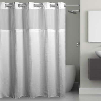 Picture of Hookless It's A Snap! 3-in-1 Shower Curtain With Waffle Fabric, Sheer Top Window, Flex-On Rings & Liner, 71" x 74", White