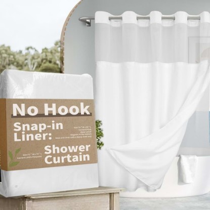 Picture of River Dream No Hook Shower Curtain with Snap-in Liner Set, White, 71x74 | Snap on Waterproof PEVA Liner, See Through Top Window, Slub Textured, Hotel Style Shower Curtain Set, Standard Size