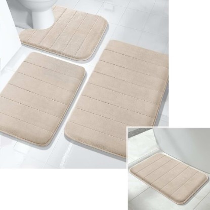 Picture of Yimobra 3 Pieces Memory Foam Bath Mat Sets, 31.5 x 19.8 + 17x24 and U-Shaped for Bathroom Rugs, Toilet Mats, Non-Slip, Soft Comfortable, Water Absorption, Machine Washable, Beige