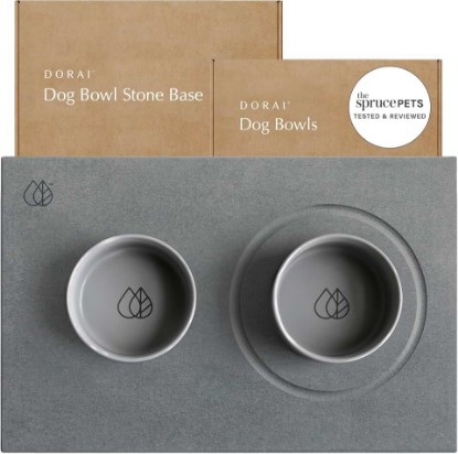Picture of Dorai Home Ceramic Dog Bowls + Stone Drying Mat - Dog Food and Water Bowl Set with Non-Slip Base that Absorbs Spills and Drips - Made with Diatomaceous Earth for Quick Drying - 23.6" x 15.4" - Slate
