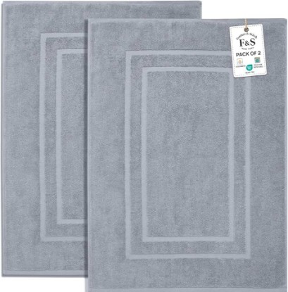 Picture of Feather & Stitch 2 Piece Towel Like Bath Mats (30x21 Inch) 100% Cotton Terry Bath Mats, Bathroom Shower Floor Mats [NOT A Bathroom Rug], Soft Absorbent Washable Mats - Grey OEKO-TEX STANDARD 100