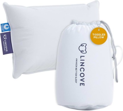 Picture of Lincove Canadian Down Toddler Pillow for Sleeping - Perfect for Kids Travel Pillow, Nap Time, Toddler Cot, Crib, Bed - 800 Fill Power, 100% Cotton Shell, 400 Thread Count (13 x 18)