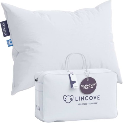 Picture of Lincove Signature 100% Canadian White Down Pillow - Luxury Sleeping Pillow for Back, Stomach & Side Sleepers - 800 Fill Power Bed Pillow, 500 Thread Count, Made in Canada, Queen - Soft, 1 Pack