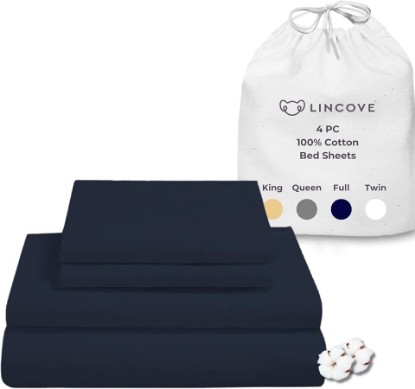 Picture of Lincove 100% Cotton Sateen 4 Piece Bed Sheet Set – 400 Thread Count, Ultra Soft Luxury Sheets with 15” Deep Pockets - Includes 1 Fitted Sheet, 1 Flat Sheet, 2 Pillowcases (Queen, Navy)
