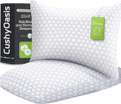 Picture of CushyOasis Cooling Pillow for Sleeping, Pillows Queen Size Set of 2, Gray | CertiPUR-US Shredded Memory Foam Pillows, Cool Bed Pillow for Hot Sleepers, Adjustable Firm for Side, Back, Stomach Sleepers OEKO-TEX STANDARD 100