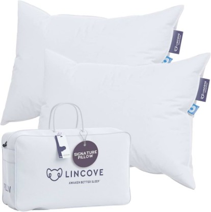 Picture of Lincove Signature 100% Natural Canadian White Down Pillow - Luxury Sleeping Pillow for Back, Stomach & Side Sleepers - 800 Fill Power Bed Pillow, 500 Thread Count, Made in Canada, King - Firm, 2 Pack