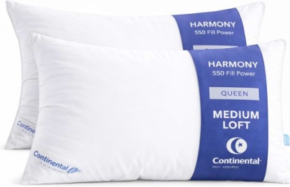 Picture of Continental Bedding Harmony White Goose Down Pillow 550 Fill Power Medium Loft 100% Cotton 300 Thread Count Shell Queen Size 2 Pack Made in USA