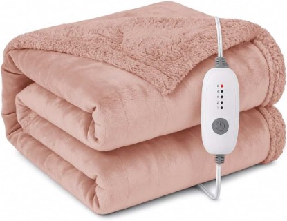 Picture of Electric Heated Blanket Throw Size 50"x60" - 5 Heat & 3H Auto-Off, Microplush Flannel & Sherpa, Same Color Both Sides, Machine Washable, Portable Warm Blanket for Office Desk & Couch Watching TV, Pink | 5 heat settings, 3-hour auto-off, machine washable, for sofa, office, TV time, same color on both sides, soft, cozy comfort OEKO-TEX STANDARD 100