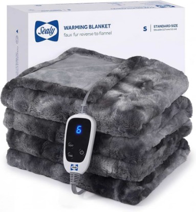 Picture of Sealy Faux Fur Electric Heated Throw 50"x60", 6 Heat Settings, Grey | Heating Blanket with 2-10 Hours Auto Shut Off, Fast Heating, ETL Certification for Couch Work Home Office During Winter Night OEKO-TEX STANDARD 100
