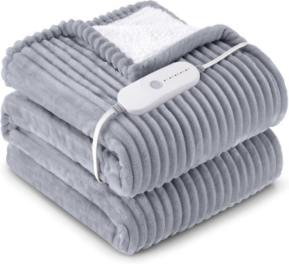 Picture of HYLEORY Heated Blanket Electric Full Size, Soft Flannel Sherpa Heater 5 Heat Settings and 10 Hours Auto Shut-Off Heating Blanket ETL Certification Over-Heat Protection Machine Washable,Grey OEKO-TEX STANDARD 100