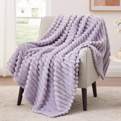 Picture of EXQ Home Fleece Blanket Twin Size for Couch or Bed - 3D Stripe Jacquard Decorative Blankets - Cozy Soft Lightweight Fuzzy Flannel Blanket Suitable for All Seasons(60"×80",Light Purple)