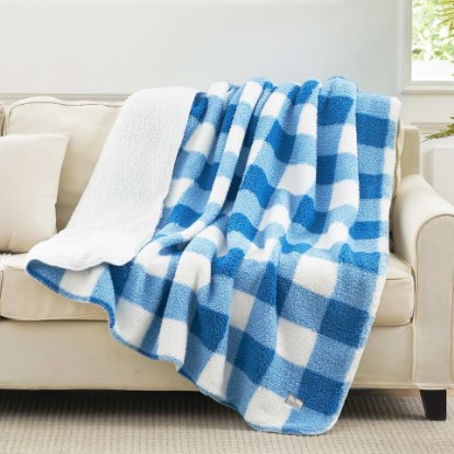 Picture of Cozy Bliss Luxury Sherpa Throw Blanket for Couch, Premium Reversible Buffalo Plaid Thick Throw, Warm Cozy Soft Blanket for Home and Gifts (Light Blue, 50" x 60") OEKO-TEX STANDARD 100