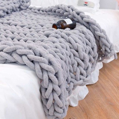 Picture of Soft Chunky Knit Throw Blanket for Couch, Cozy Warm Knitted Blankets | Hand Knit with Jumbo Chenille, Lightweight Warm Fluffy Decor for Women, Mom, Her & Girls, Sofa, Chair, Bed, 40"×40" (Gray)