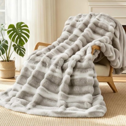 Picture of VFROO Plush Faux Rabbit Fur Throw Blanket – 850GSM Thick & Warm, Ultra Soft Fluffy Blanket for Couch, Bed, Sofa, Ideal Gift for Women, 50" × 60", Grey OEKO-TEX STANDARD 100