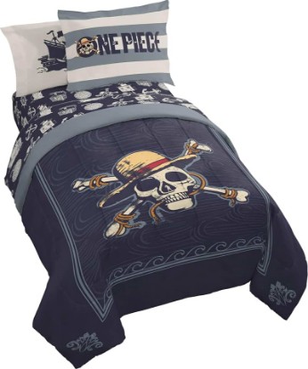 Picture of One Piece Luffy Full Comforter Set 7 Piece Soft Anime Bedding, Blue | Bed in a Bag, Comforter Sheets Shams Pillowcases, Official Product, Soft Microfiber, Machine Washable, Kids Gift