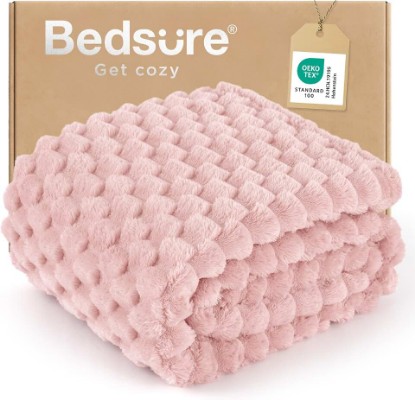 Picture of Bedsure Pink Throw Blanket for Couch - 350GSM Fluffy Plush Bubble Blanket for Bed Home Room Decor, GentleSoft Cute Fleece Soft Cozy Gifts for Women Girls, 50x60 Inches