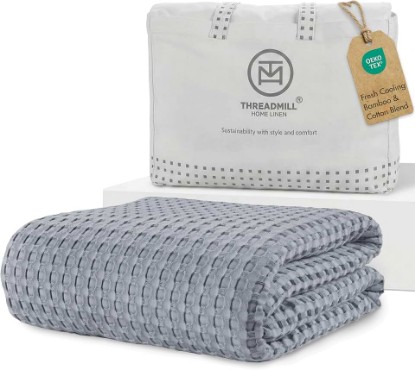 Picture of Threadmill Queen Waffle Bed Blanket Rayon Derived from Bamboo,Scottish Grey | Prewashed, Cooling Blanket, Breathable, Lightweight, OEKO-TEX Certified