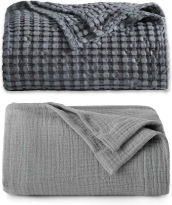 Picture of Bedsure Bundle of 1 Muslin Blanket 66x90 & 1 Waffle Blanket 66x90