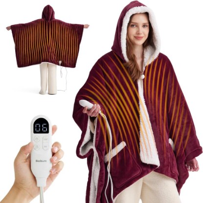 Picture of Bedsure Wearable Heated Blanket Hoodie Shawl, Preheat, 55"x64", Burgundy | Gifts for Mom, Sherpa Electric Blanket Throw Poncho for Adult, 6 Heat/6 Timer (Up to 10H) Settings, 8H Auto Shut Off, ETL/FCC