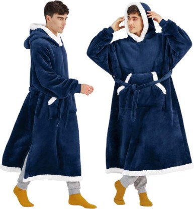 Picture of Bedsure Wearable Blanket Hoodie, Long Hooded Blanket Sweatshirt as Christmas Birthday Gifts for Men, Cozy Sherpa Hoodie for Adult, Oversize, Navy OEKO-TEX MADE IN GREEN
