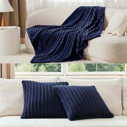 Picture of Bedsure Navy Blue Fleece Blanket & Throw Pillow Covers Navy Blue