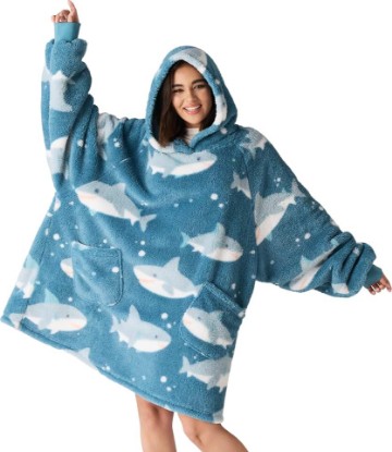Picture of Bedsure Wearable Blanket for Women, Shark Blanket Hoodie for Gift, Blue | Soft Print Hooded Blanket, Birthday Gifts for Girlfriend, Wife, Men, Oversized Shaggy Sherpa Cozy Warm Sweatshirt OEKO-TEX STANDARD 100