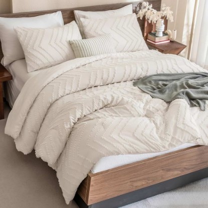 Picture of California King Comforter Set Beige, 3 Pieces Cal King Boho Bed Set | Cream Soft Warm Neutral Comforter Sets, Cali King Aesthetic Chevron Farmhouse Cute Bohemian Textured Bedding Set
