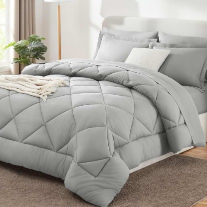 Picture of Queen Comforter Set with Sheets Light Grey - 7 Pieces Bed in a Bag | OEKO-TEX Certified, All Season, 240GSM Down-Alternative Comforter, Sheets, Pillowcases & Shams, 14" Deep Pocket, Easy Care OEKO-TEX STANDARD 100
