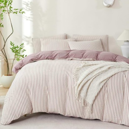 Picture of Comforter Set Queen Size Soft Luxury Washed Microfiber Jacquard 3 Pieces Bedding, White Grayish Purple Vertical Ticking Stripes Pattern Comforter with 2 Pillowcases Breathable Durable Comfy