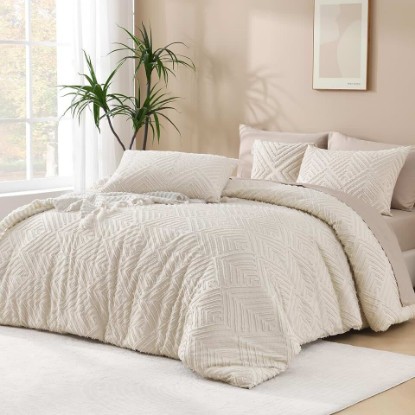 Picture of King Size Comforter Set Beige, 3 Pieces Boho Bedding | Cream Soft Lightweight Fluffy, Tufted Textured Down Alternative Comforter Bed Set All Season