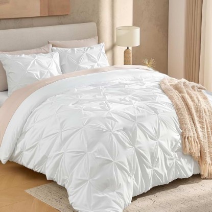Picture of King Pinch Pleat White Comforter Set 3 Piece Bedding | Lightweight Comforter with 2 Pillow Shams,104"x90", Pintuck Fluffy, All Season Use, Boho Cute Style for Bedroom
