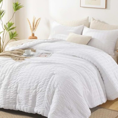 Picture of AveLom Seersucker Queen Comforter Set (90x90 inches), 3 Pieces - 100% Soft Washed Microfiber Lightweight Comforter with 2 Pillowcases, All Season Down Alternative Comforter Set for Bedding, White