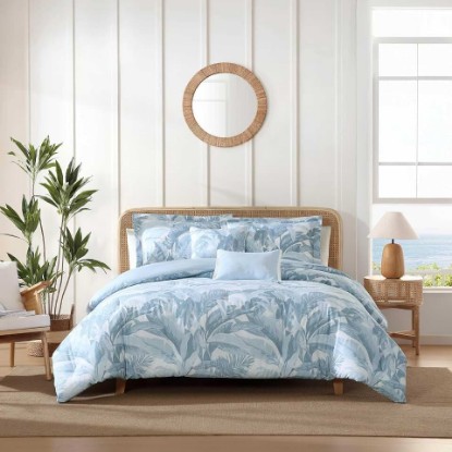 Picture of Tommy Bahama - King Comforter Set, 100% Cotton Slub Fabric with Soft Breathable Texture, 5 Piece Bed Set with Matching Pillowcases & Bonus Throw Pillows (Palm Serenity Blue)