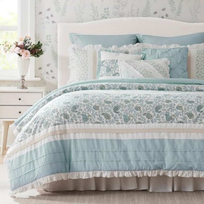 Picture of Madison Park Cottage Cotton Comforter Set, 9PC King Bedding Set | All Season, Lightweight Bedding with Comforter, Shams, Bed Skirt, Decorative Pillows, Shabby Chic with Pintuck, Aqua OEKO-TEX STANDARD 100