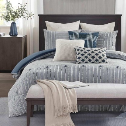 Picture of Madison Park Farmhouse King Cotton Comforter Set with Removable Cover, 9pc | Clipped Jacquard Stripes with Buttons Bedding Set, Boho, Oversized, Easy Care, Breathable, Cozy, All Season, Ultra Soft