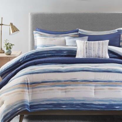 Picture of Madison Park Modern Luxury Comforter Quilt Combo Set, 8PC King/Cal King | All Season Down Alternative Bedding Set with Comforter, Shams, Decorative & Quilted Pillows, Quilt, Seersucker Blue