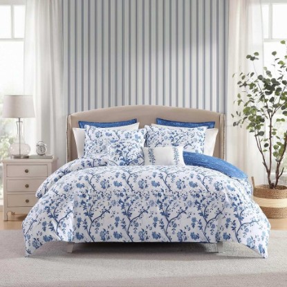 Picture of Laura Ashley - King Comforter Set, Reversible Cotton Bedding, Includes Matching Shams with Bonus Euro Shams & Throw Pills (Elise Blue, King) OEKO-TEX STANDARD 100