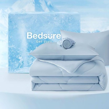 Picture of Bedsure Cooling Comforters Queen Size Set 4 Pieces, Blue Cooling Blanket for Hot Sleepers, Double-Sided Cool Tech Queen Bedding Set with Breathable Lightweight Comforter, Sheet & Pillowcases