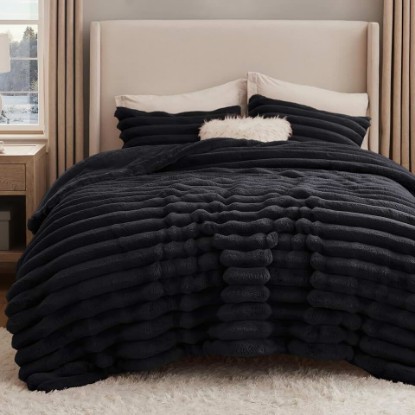 Picture of Bedsure Faux Fur King Size Comforter Set - Black Fluffy Comforter King Size, Soft and Cozy Shaggy Winter Bedding Comforter Sets, Warm Luxury Fuzzy Bed Set 3 Pieces, 1 Comforter and 2 Pillowcases OEKO-TEX STANDARD 100