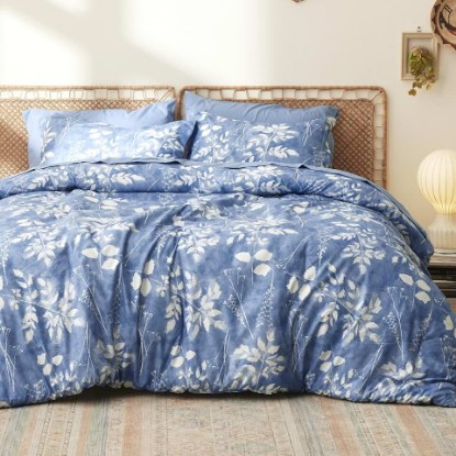 Picture of Bedsure Queen Comforter Set - 7 Pieces Floral Blue Soft Bedding Sets, Queen Bed in a Bag with Botanical Flowers Comforter, Sheets, Pillowcases & Shams