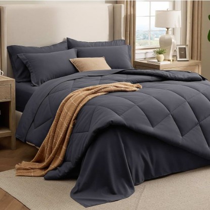 Picture of Bedsure 7 Pieces King Comforter Set Premium Series, Hotel Luxury Soft Bed in a Bag, Goose Down Alternative, Safe for Sensitive Skin Bedding Comforter All Season Medium Warmth, Dark Grey King Size OEKO-TEX STANDARD 100